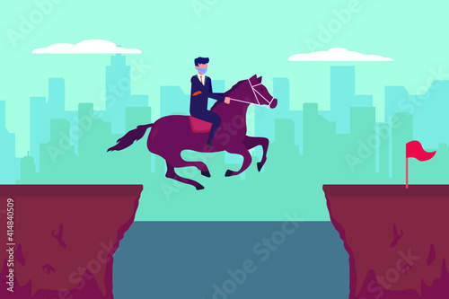 Challenge vector concept: Young businessman riding a horse while wearing face mask in new normal