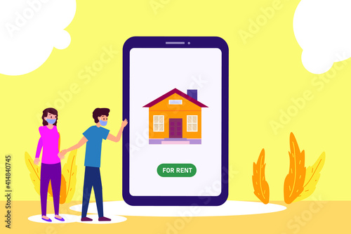 Rental house vector concept: Young couple looking at rental house on the screen of smart phone while wearing face mask