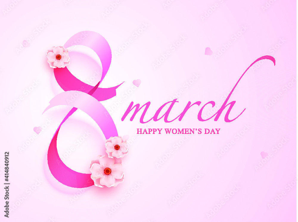 Glossy Pink Ribbon Arranged Shape 8 March Decorated With Flowers Happy Womens Day