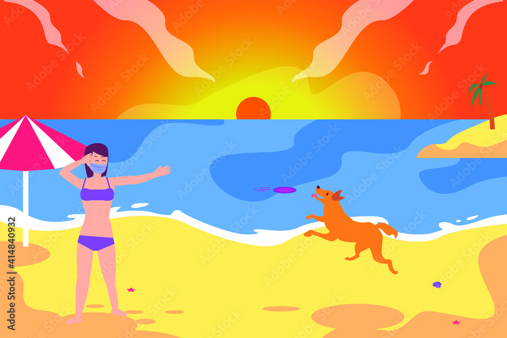 Leisure time vector concept: Young woman playing with dog in the beach while wearing face mask in new normal