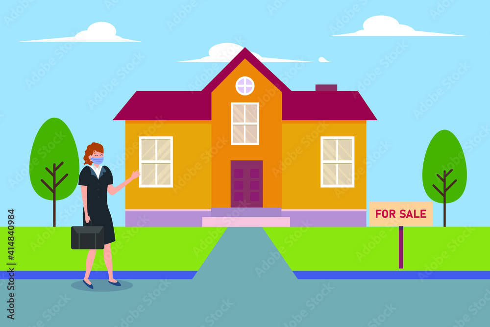 Selling property vector concept: Young businesswoman selling a house while wearing face mask in new normal era Selling property vector concept: Young businesswoman selling a house while wearing face mask in new normal era