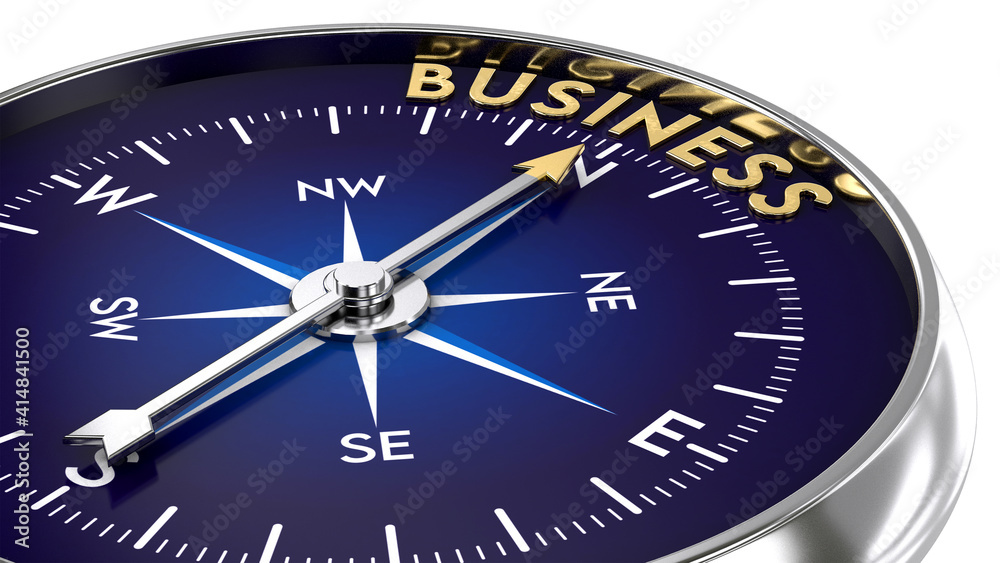 Compass made of metal and blue color. needle pointing to the golden business word. Marketing concept. 3D illustration Compass made of metal and blue color. needle pointing to the golden business word. Marketing concept. 3D illustration