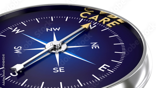 Compass made of metal and blue color. needle pointing to the golden care word. Marketing concept. 3D illustration