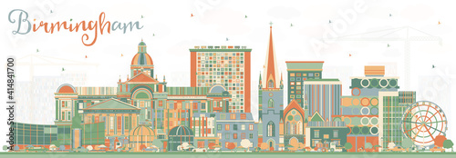 Birmingham UK City Skyline with Color Buildings.