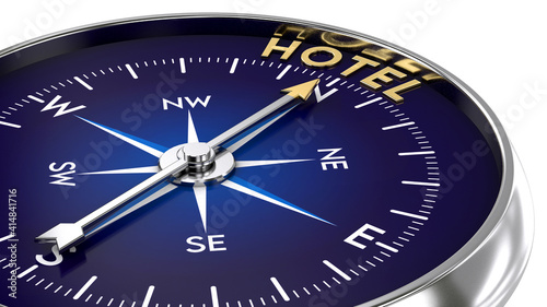 Compass made of metal and blue color. needle pointing to the golden hotel word. Marketing concept. 3D illustration