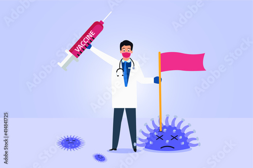 Happy doctor in face mask holding a vaccine and flag on death corona virus.