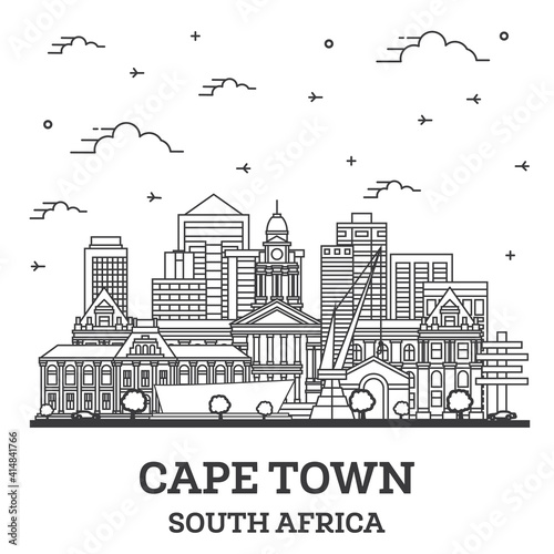 Outline Cape Town South Africa City Skyline with Modern Buildings Isolated on White.