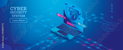 Neon Cyber Security Concept. Data Protection Concept. Laptop with Shield.