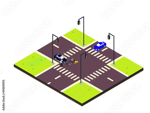 Car crash accident hitting bicycle on the traffic light. Isometric vector concept