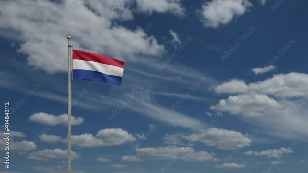 3D illustration Dutch flag waving in wind. Close up Netherlands banner ...