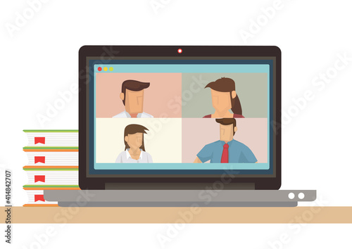 Business illustration of a laptop, video conference application with group of people.
