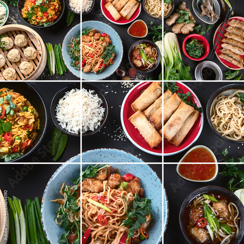 Collage of assorted Chinese food on dark background. Asian food concept.
