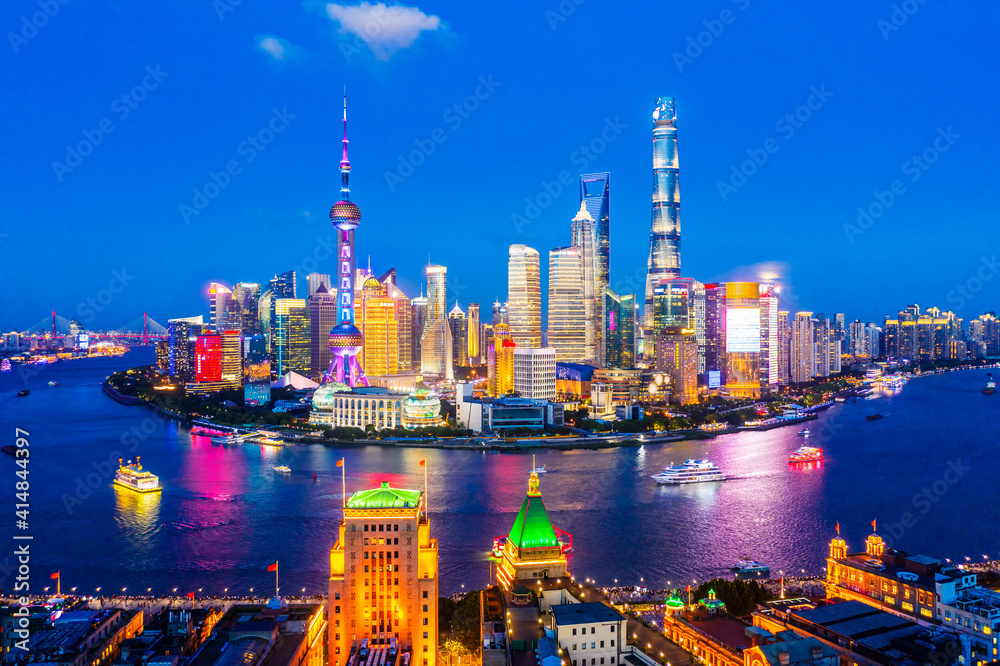 Aerial view of Shanghai skyline at night,China.