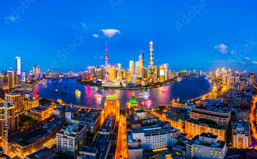 Aerial view of Shanghai skyline at night China.