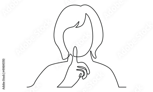Continue line of woman making silence gesture with finger on lips