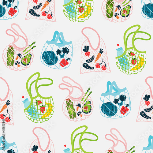 Seamless pattern background with reusable net bags and groceries. Eco-friendly shopping tote bags. Zero waste concept. Hand drawn vector illustration.