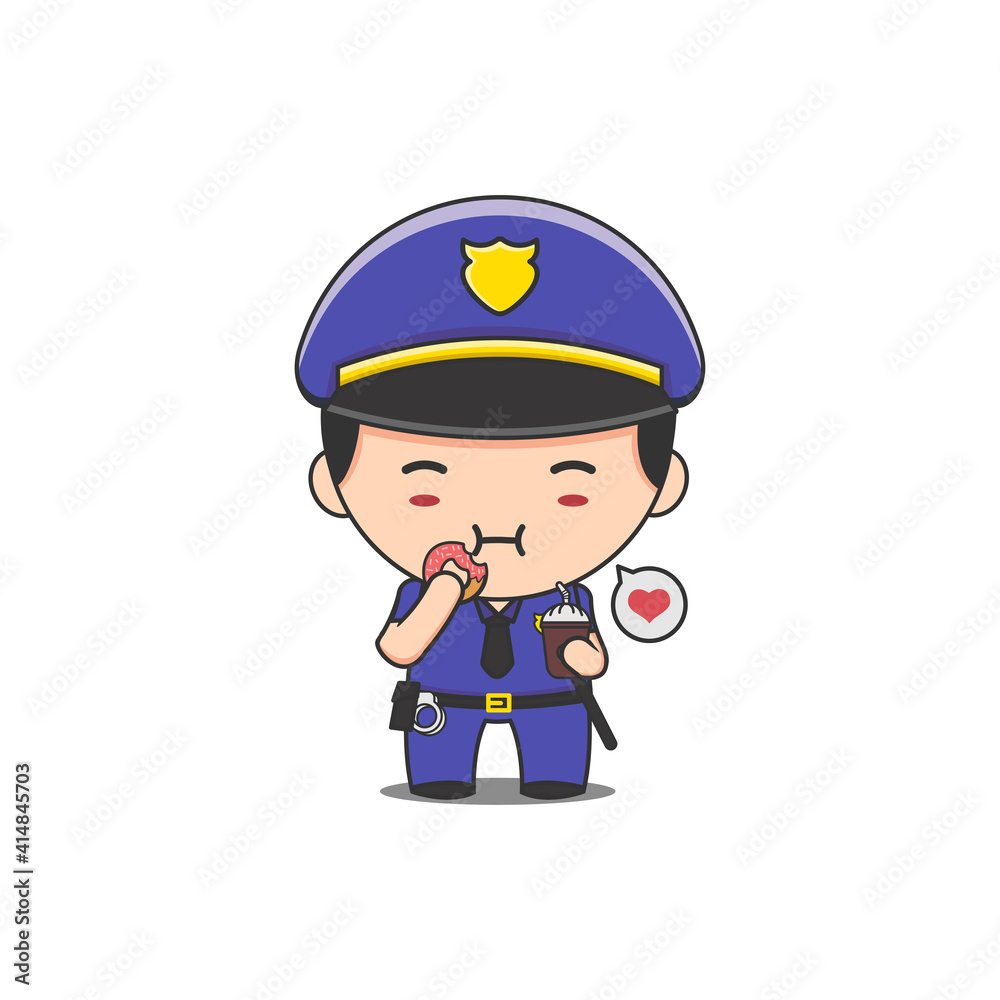 cute police man enjoying donuts and coffee cute police man enjoying donuts and coffee