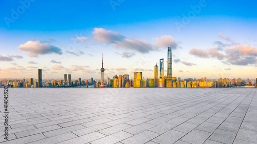 Empty square floor and Shanghai skyline with buildings at sunset,China.High angle view.