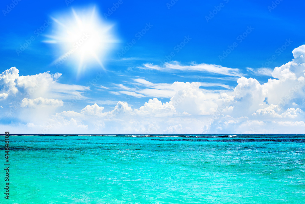 Beautiful seascape, tropical beach, turquoise sea water, shiny sun, blue sky, white clouds background, hot summer holidays, exotic island vacation, ocean, lagoon, caribbean travel, maldives landscape Beautiful seascape, tropical beach, turquoise sea water, shiny sun, blue sky, white clouds background, hot summer holidays, exotic island vacation, ocean, lagoon, caribbean travel, maldives landscape
