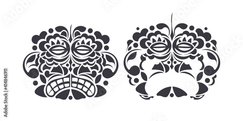 Set polynesian tiki mask silhouette isolated on white background. Hawaiian tribal mask. Vector cartoon style.