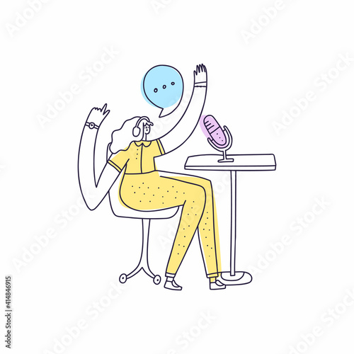 Radio host and speech cloud vector illustration. Media hosting, live radio broadcast doodle drawing. Female podcaster with microphone and headset, broadcaster at workplace isolated cartoon character