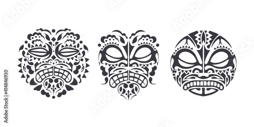 Hawaiian and Polynesian Tiki head totem. Vector design set - folk art tribal background.