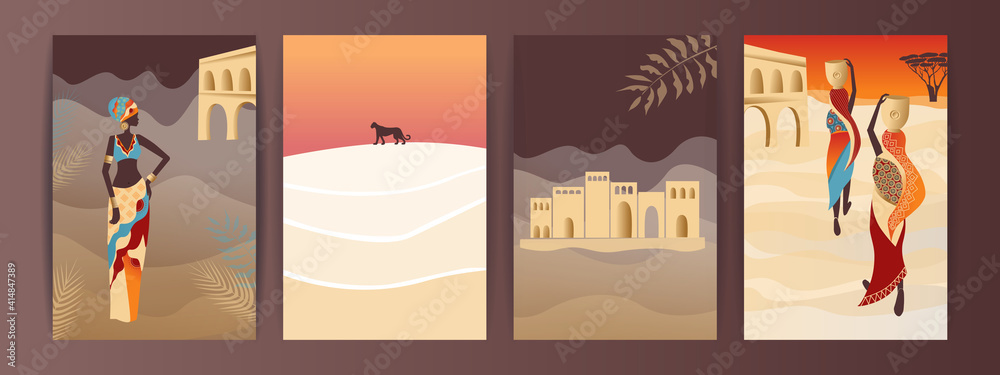 Vector Set of abstract posters with African woman in turban in minimalistic style. .African women walk in the desert, city in Africa, leopard.