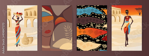 Vector Set of abstract posters with African woman in turban in minimalistic style. Ceramic vase and jugs, plants, abstract shapes and landscape.  Collection of contemporary art.