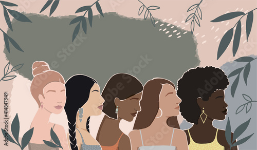 women of different ethnic groups together. modern background for your lettering. modern flat illustration

