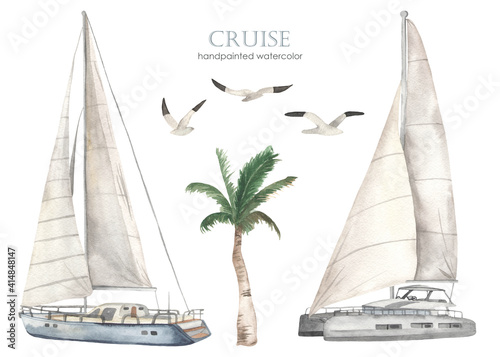 Watercolor set of sea cruise with yacht and catamaran, palm tree, seagulls