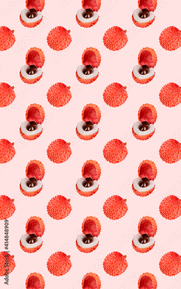 Fruit pattern. Colorful of fresh Lychee fruit texture on light pink background. From top view. Photography collage. Minimal summer fruits pattern for blog or recipe book. Fruit pattern. Colorful of fresh Lychee fruit texture on light pink background. From top view. Photography collage. Minimal summer fruits pattern for blog or recipe book.
