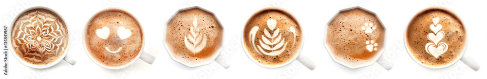 Cups of hot latte coffee on white background Cups of hot latte coffee on white background
