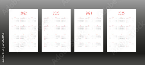 2022 2023 2024 2025 calendar for personal planner diary notebook, cute minimalists style. individual schedule calendar for notebooks. Week starts on sunday