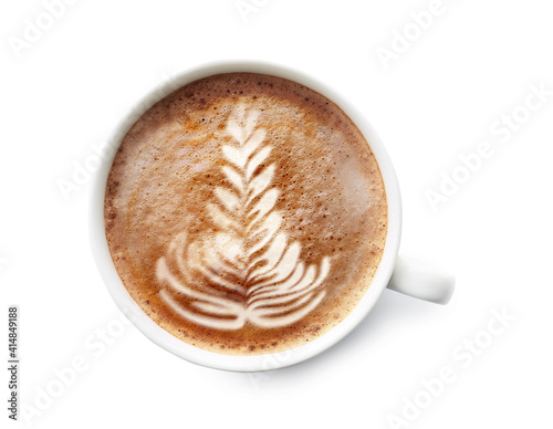 Cup of hot latte coffee on white background
