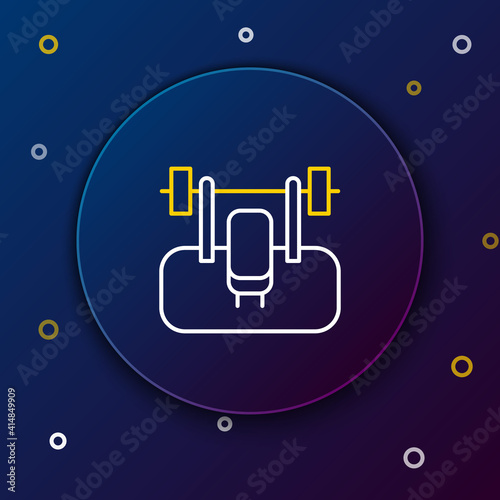 Line Bench with barbel icon isolated on blue background. Gym equipment. Bodybuilding, powerlifting, fitness concept. Colorful outline concept. Vector.