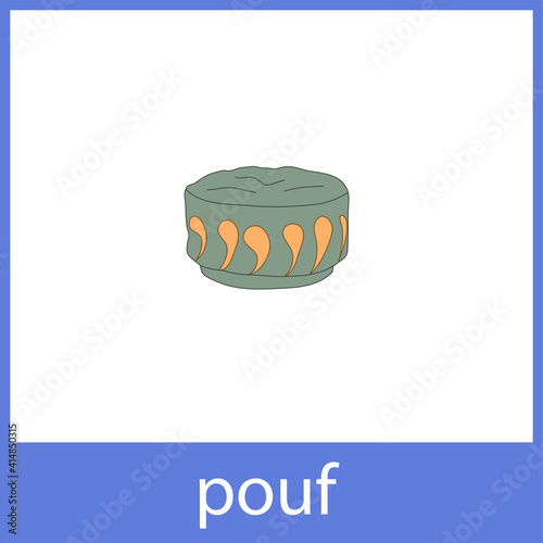 Pouf. Cushioned furniture. English vocabulary word card.