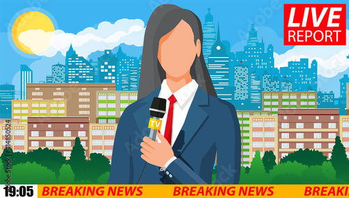 News announcer in the studio. Cityscape with buildings, clouds, sky, sun. Journalism, live report, breaking hot news, television and radio casts concept. Vector illustration in flat style