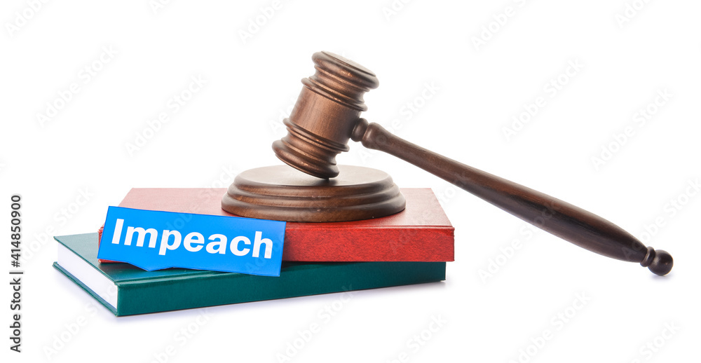 Paper with word IMPEACH, books and judge gavel on white background