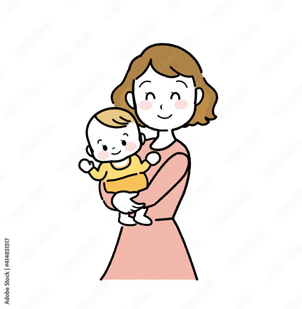 イラスト素材 赤ちゃんを抱っこする笑顔のお母さん 何かを見つけた表情のベビー 主線あり 線画 Stock Vektorgrafik Adobe Stock