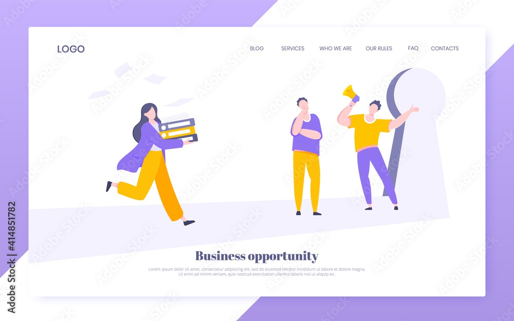 Business key opportunity concept with keyhole and ambitious woman running to career potential website landing page flat style vector illustration. New way business beginnings and unlock future.