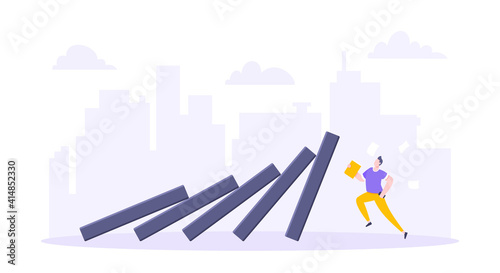 Domino effect or business resilience metaphor vector illustration concept. Adult young businessman run away from falling domino line business concept problem solving and danger domino chain reaction.