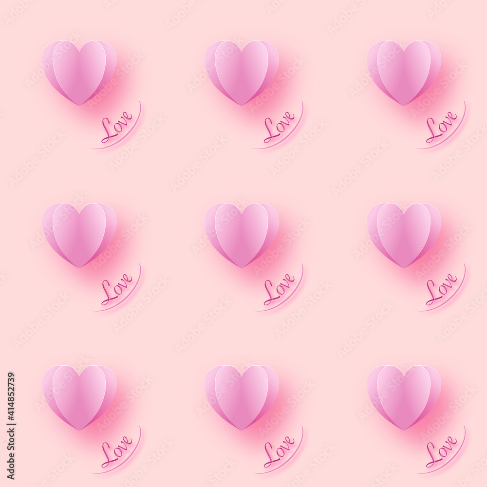 Paper cut seamless pattern with hand drawn pink heart. Colorful doodle hearts on pink background.