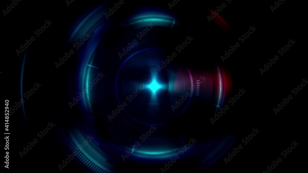 Dark blue technology motion with HUD gear elements looped animation. 4K 3D seamless loop abstract background with moving digital circles in red and blue color. Modern futuristic background concept.