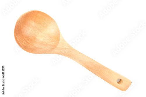 Deep wooden soup spoon isolated on white background