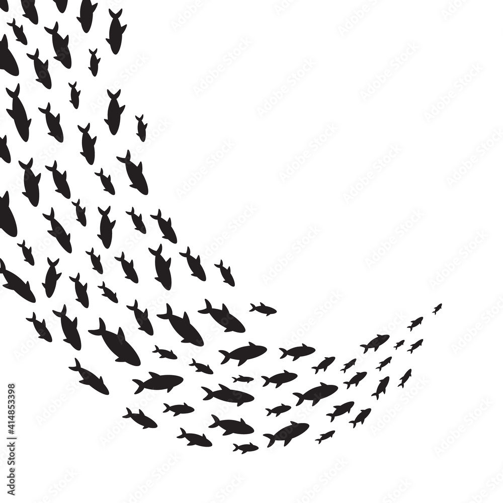 Obraz premium Silhouettes school of fish with marine life of various sizes swimming fish flat style design vector illustration. Colony of big and small sea animals.