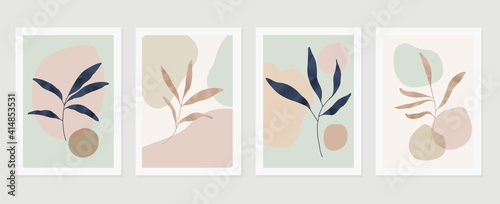 Botanical wall art vector set. Earth tone background foliage line art drawing with abstract shape and watercolor. Design for wall framed prints, canvas prints, poster, home decor, cover, wallpaper © TWINS DESIGN STUDIO
