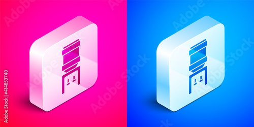 Isometric Water cooler for office and home icon isolated on pink and blue background. Water dispenser. Bottle office, plastic and liquid. Silver square button. Vector.