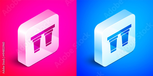 Isometric Water filter icon isolated on pink and blue background. System for filtration of water. Reverse osmosis system. Silver square button. Vector.