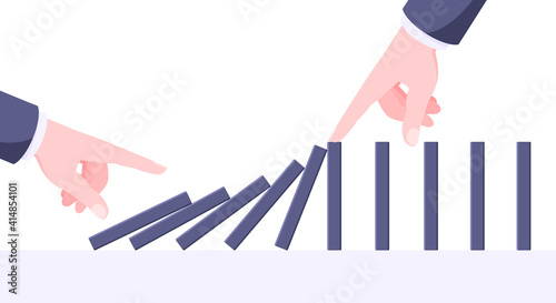 Domino effect business concept. One hand starts chain reaction of falling board game blocks of dominoes and another hand stops it flat style vector illustration.