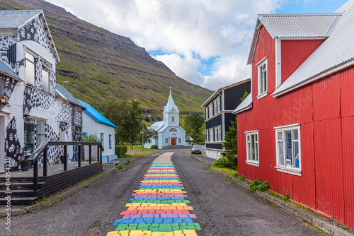 Blue church at Seydisfjordur on Iceland photo